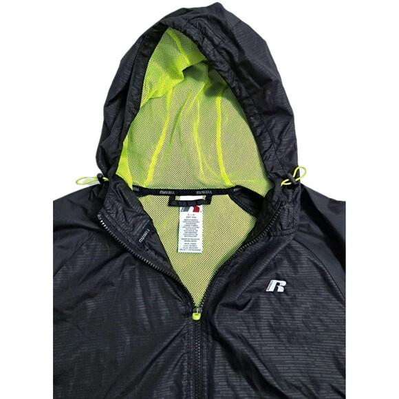 Russell Athletic Men's Large Zip Rain Jacket Run Windbreaker Black Green Hood - Picture 4 of 11